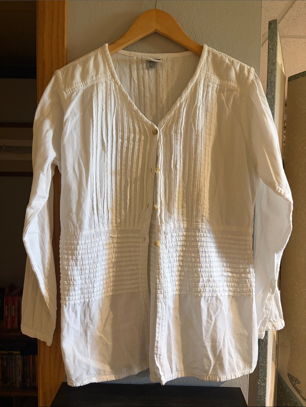 Classic White Pintuck Button-Down Blouse with V-Neck